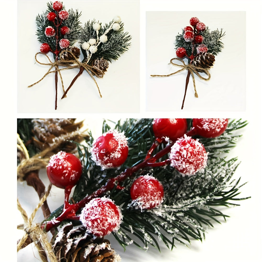 Set of 10 Christmas artificial pine bouquets featuring cones, red berries, snowflakes, and rustic hemp rope - perfect for holiday parties and winter tabletop decor.