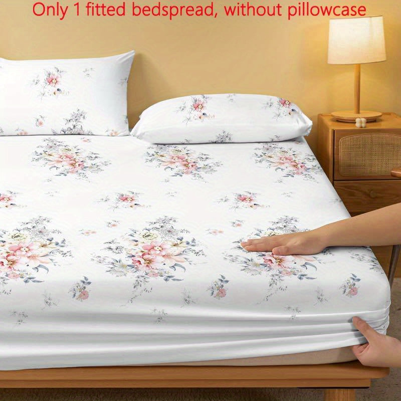 Modern Floral Print Fitted Sheet and Quilted Bed Cover Set made of polyester, featuring an elegant flower pattern. Easily washable in the machine with a fabric weight of 80-85gsm. Fits mattresses up to 29cm in height. Pillowcase is not included.