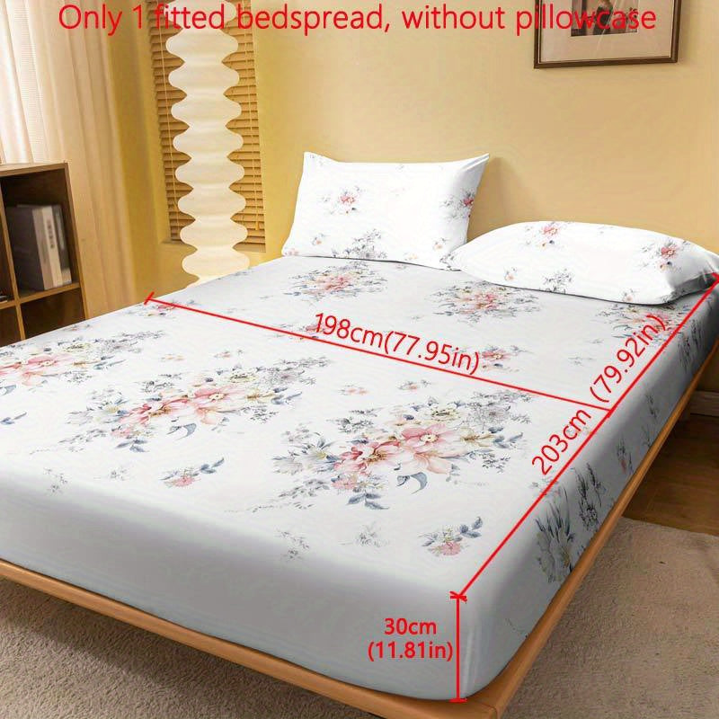 Modern Floral Print Fitted Sheet and Quilted Bed Cover Set made of polyester, featuring an elegant flower pattern. Easily washable in the machine with a fabric weight of 80-85gsm. Fits mattresses up to 29cm in height. Pillowcase is not included.