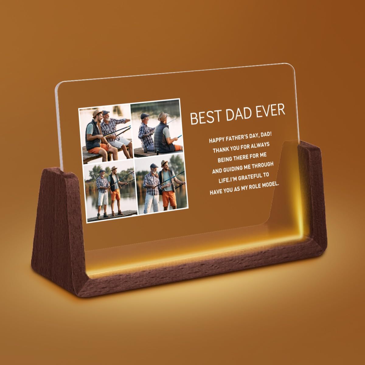 Customized Acrylic Frame LED Night Light for Father's Day with HD Flexiglass and Wooden Base