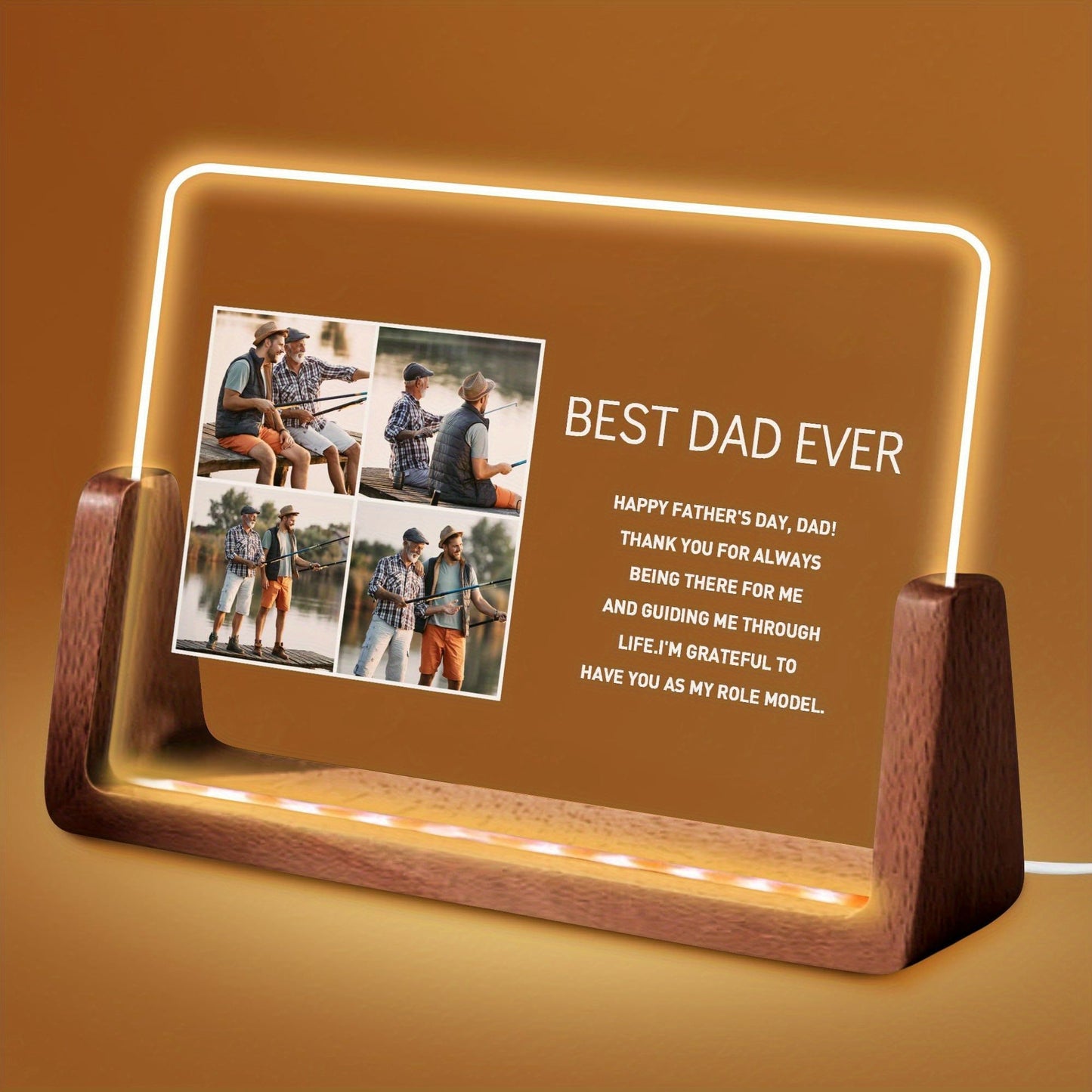 Customized Acrylic Frame LED Night Light for Father's Day with HD Flexiglass and Wooden Base