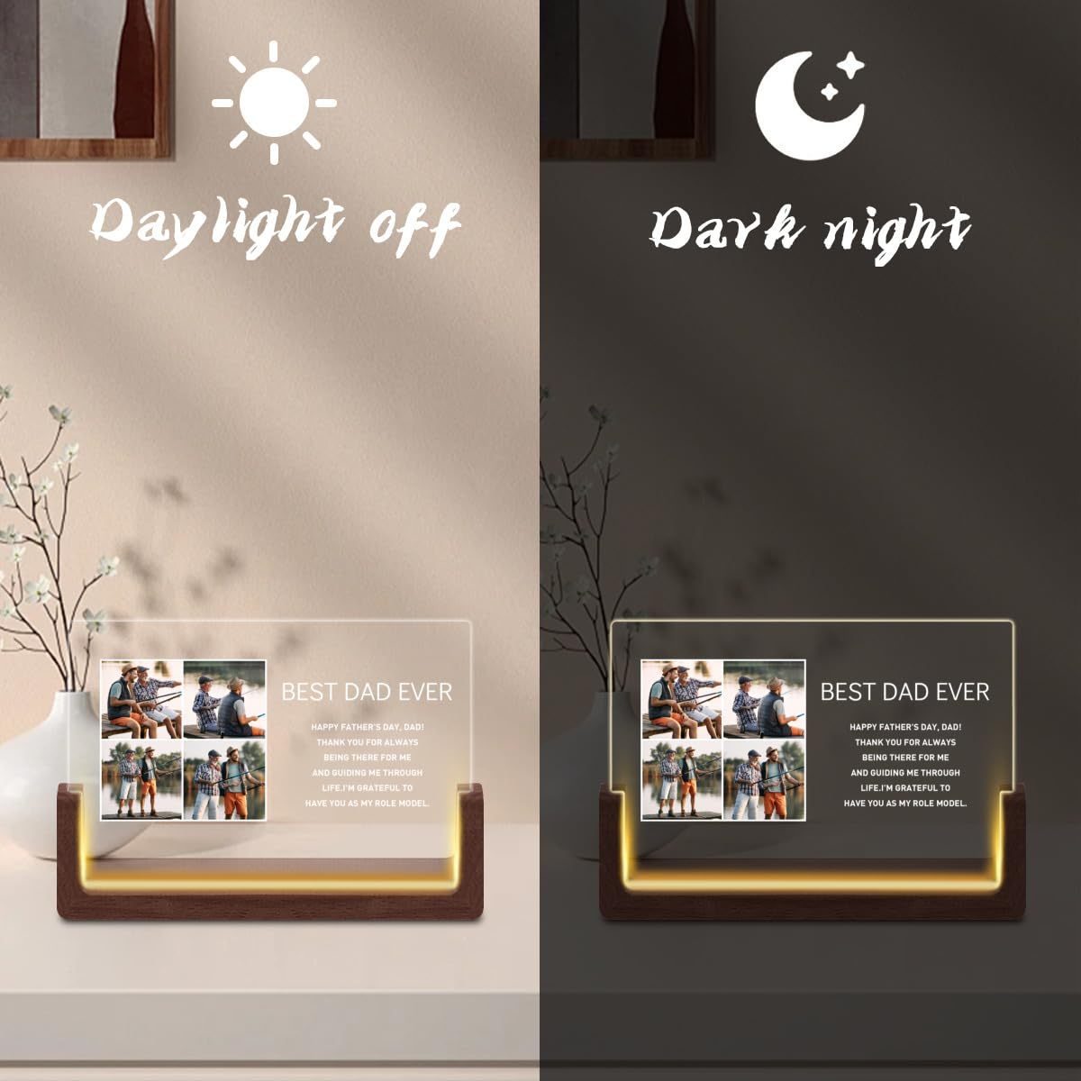 Customized Acrylic Frame LED Night Light for Father's Day with HD Flexiglass and Wooden Base