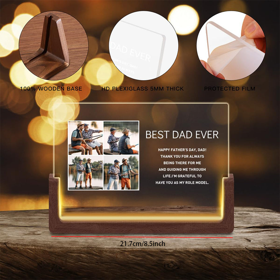 Customized Acrylic Frame LED Night Light for Father's Day with HD Flexiglass and Wooden Base