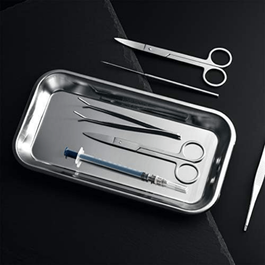 Durable metal utility trays for lab instruments, tattoo tools, and medical supplies, come in a pack of three.