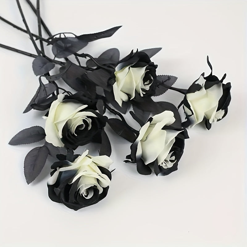 5-Pack of Artificial Black and White Roses Bouquet, Plastic Gothic Flowers for Wedding and Halloween Decor, Realistic Rose Stem for Home and Office Display