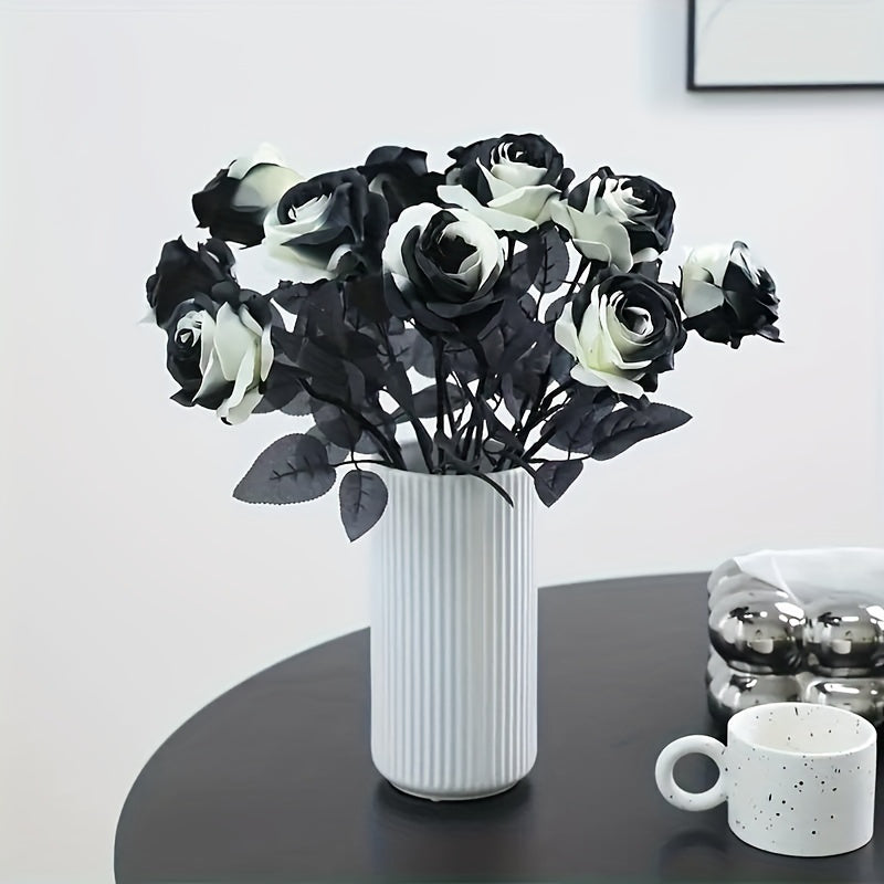 5-Pack of Artificial Black and White Roses Bouquet, Plastic Gothic Flowers for Wedding and Halloween Decor, Realistic Rose Stem for Home and Office Display