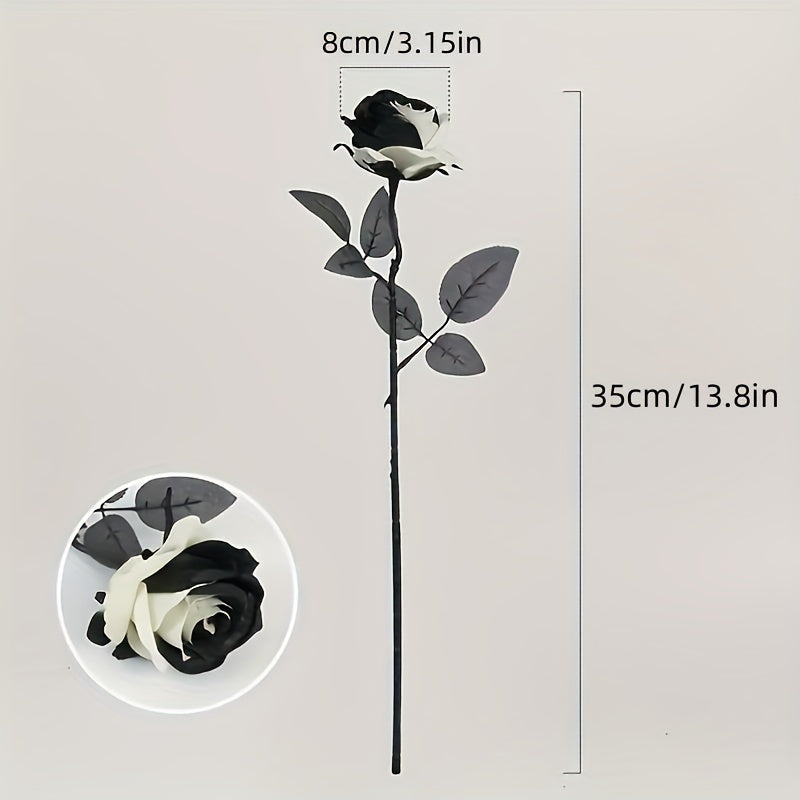 5-Pack of Artificial Black and White Roses Bouquet, Plastic Gothic Flowers for Wedding and Halloween Decor, Realistic Rose Stem for Home and Office Display