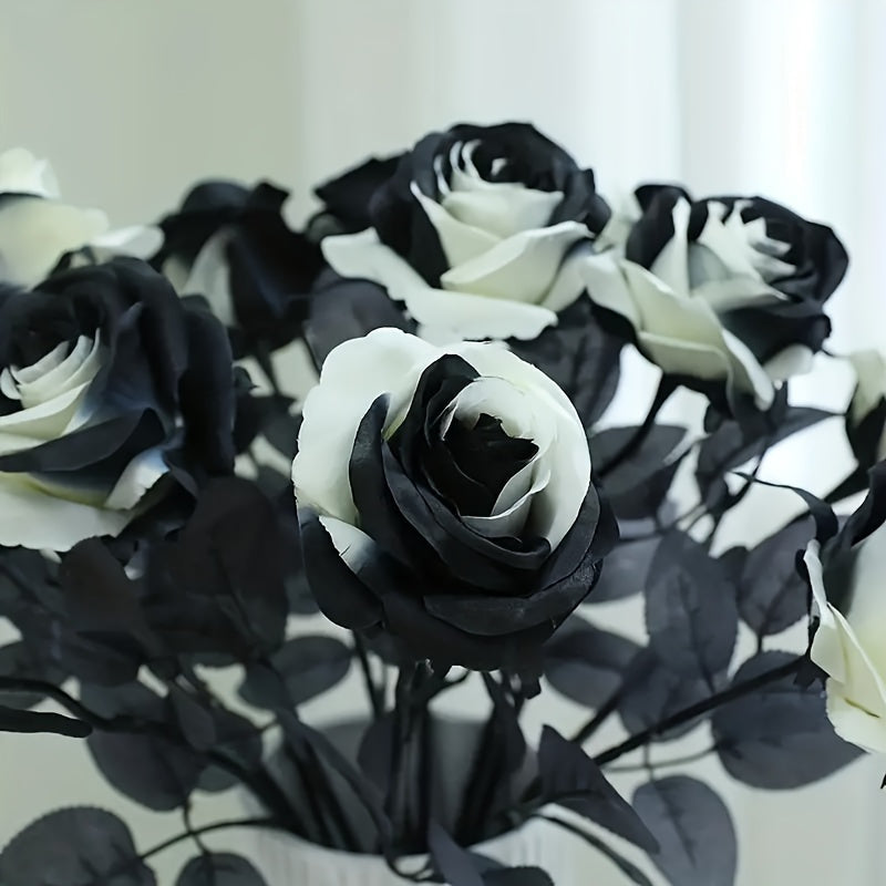 5-Pack of Artificial Black and White Roses Bouquet, Plastic Gothic Flowers for Wedding and Halloween Decor, Realistic Rose Stem for Home and Office Display