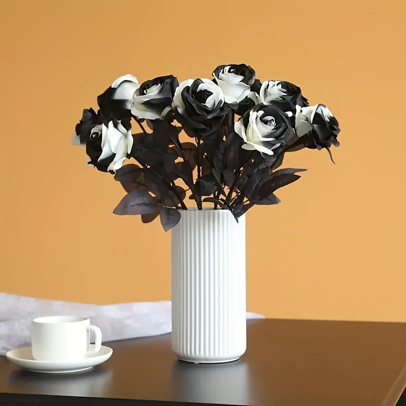 5-Pack of Artificial Black and White Roses Bouquet, Plastic Gothic Flowers for Wedding and Halloween Decor, Realistic Rose Stem for Home and Office Display