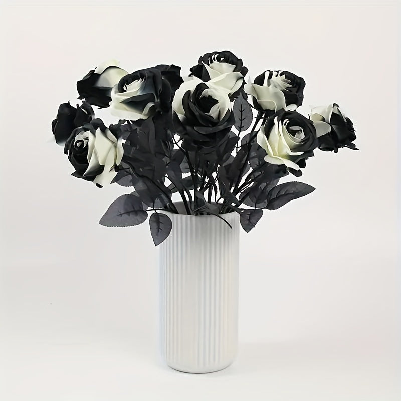 5-Pack of Artificial Black and White Roses Bouquet, Plastic Gothic Flowers for Wedding and Halloween Decor, Realistic Rose Stem for Home and Office Display