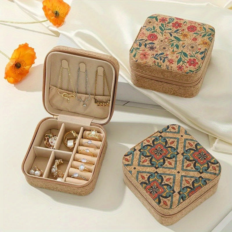 Vintage cork jewelry chest with mirror, wooden tabletop organizer, floral travel case for earrings, rings, necklaces - perfect for Mother's Day and Easter gifts.