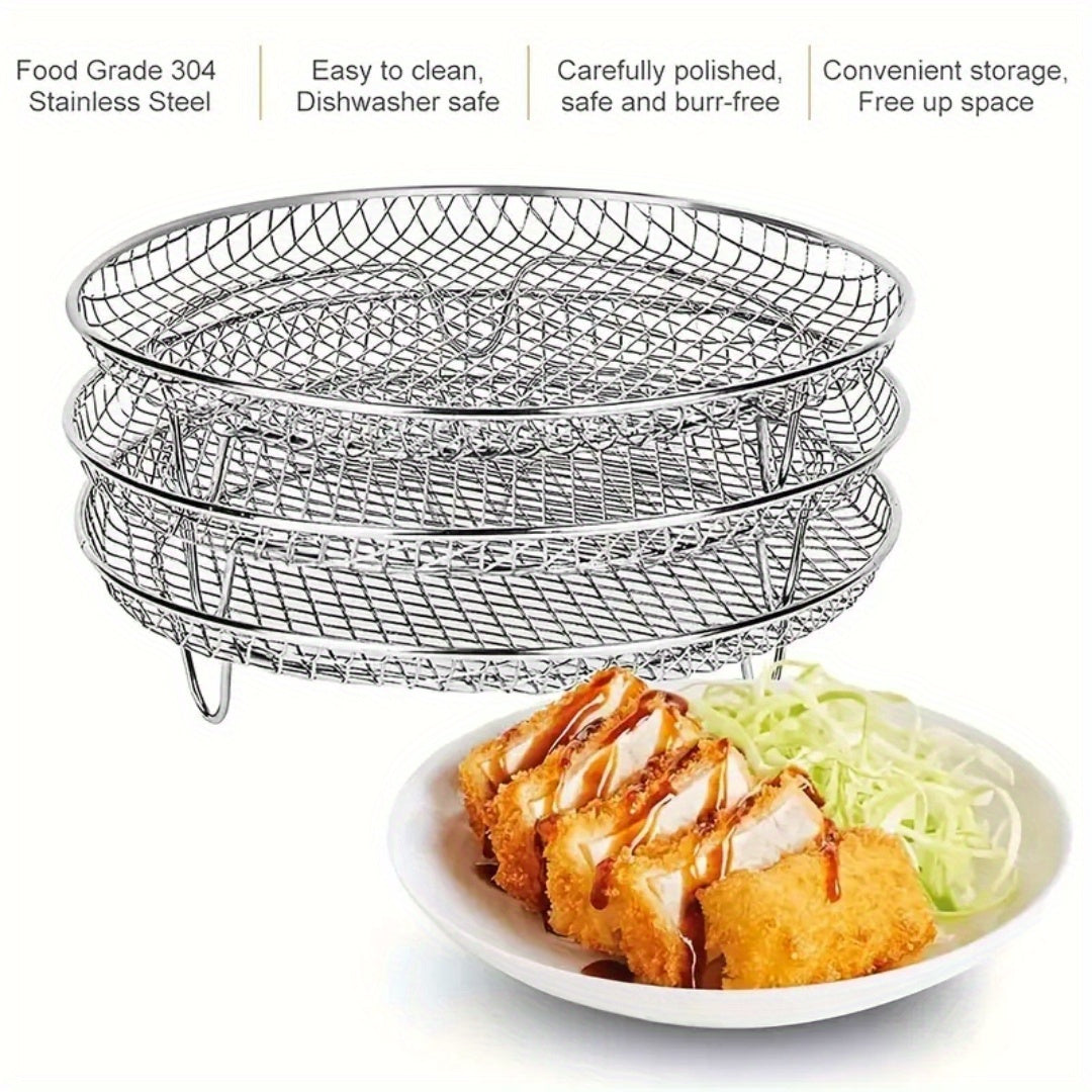 3-Layer Stainless Steel Air Fryer Rack, Stackable Grid Grilling Rack, Anti-Corrosion for Home Kitchen Oven, Multi-functional Steamer Cooker Gadgets for Air Fryer and More