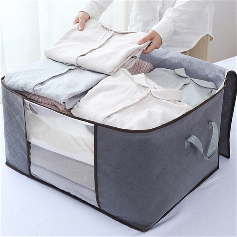 Large capacity fabric storage box with zipper closure, striped design, suitable for ages 12-14.