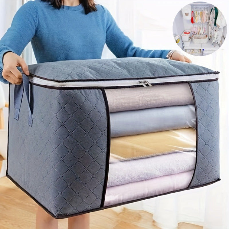 Large capacity fabric storage box with zipper closure, striped design, suitable for ages 12-14.