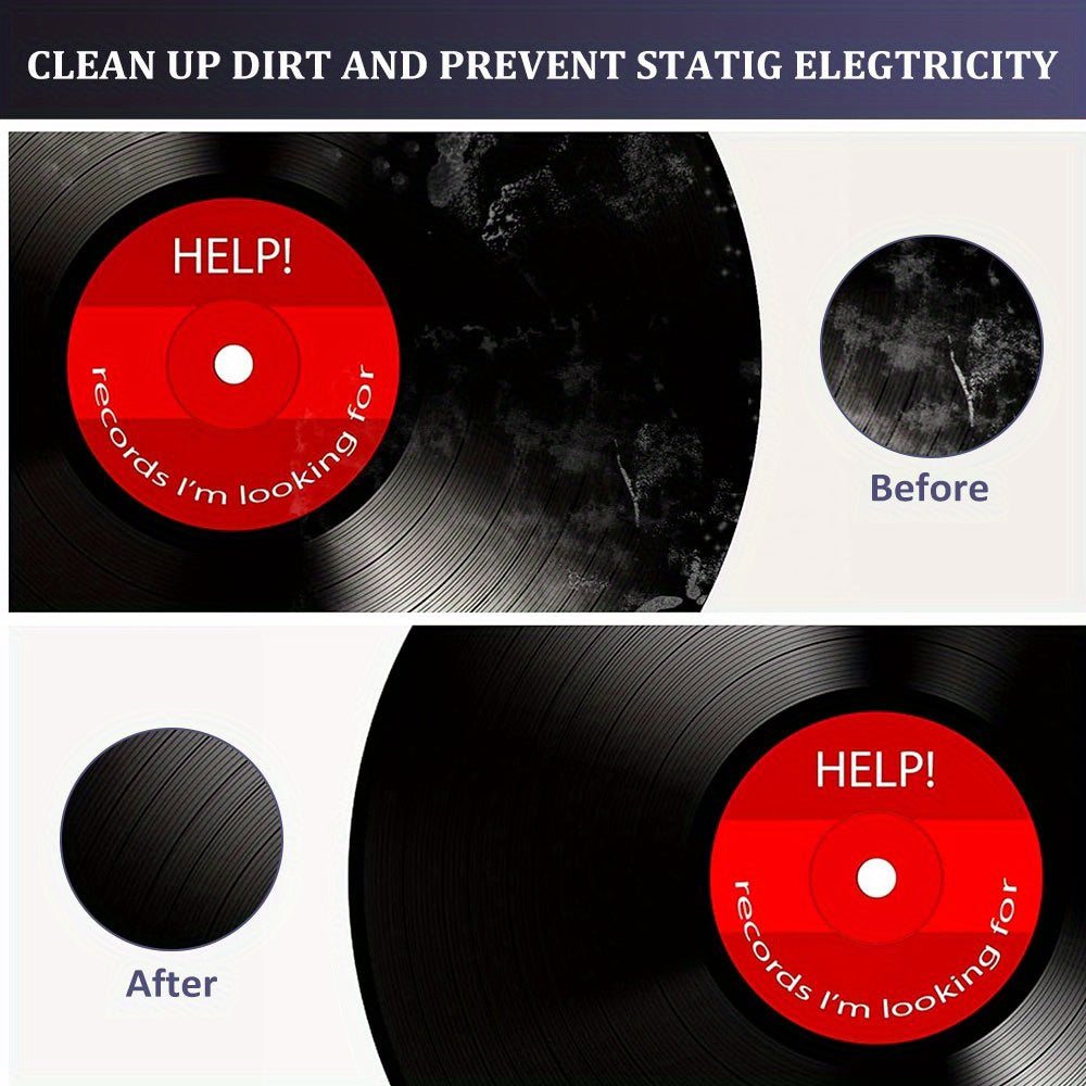 Vinyl record cleaning kit with anti-static plastic brush and cleaner for record players and gramophones. Made of uncharged, durable material.