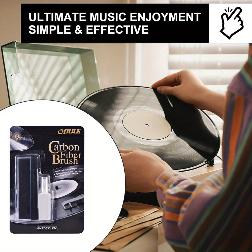 Vinyl record cleaning kit with anti-static plastic brush and cleaner for record players and gramophones. Made of uncharged, durable material.