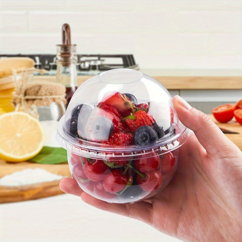 Set of 50 crystal-clear disposable dessert cups with dome lids. Perfect for serving fruit salads, ice cream, yogurt, parfaits, and pudding. Made from food-safe PET/PP material. Great for parties, dessert shops, picnics, and dessert table displays.