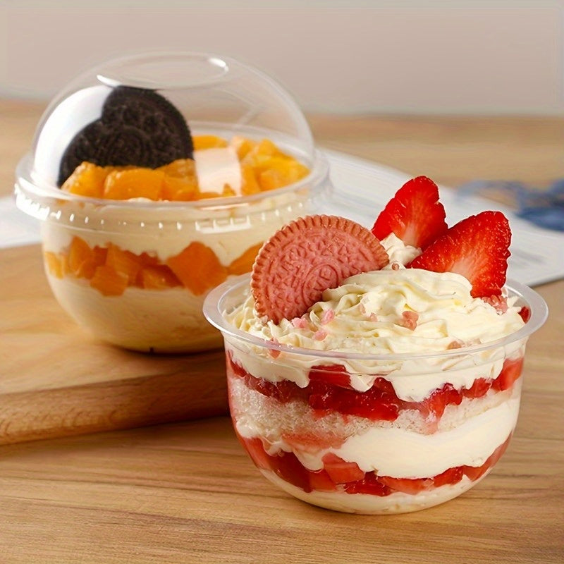 Set of 50 crystal-clear disposable dessert cups with dome lids. Perfect for serving fruit salads, ice cream, yogurt, parfaits, and pudding. Made from food-safe PET/PP material. Great for parties, dessert shops, picnics, and dessert table displays.