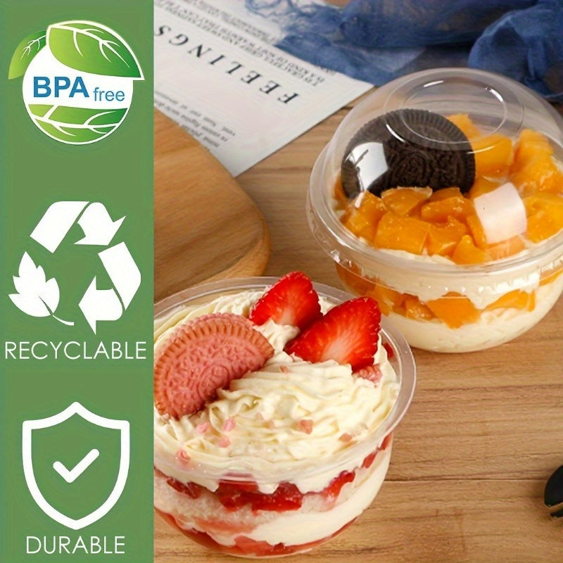 Set of 50 crystal-clear disposable dessert cups with dome lids. Perfect for serving fruit salads, ice cream, yogurt, parfaits, and pudding. Made from food-safe PET/PP material. Great for parties, dessert shops, picnics, and dessert table displays.