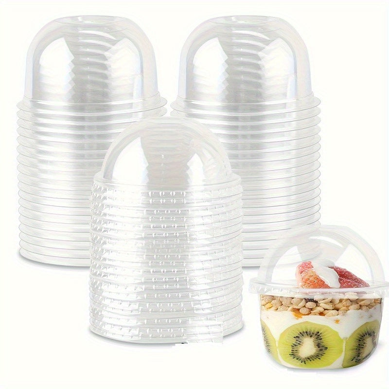 Set of 50 crystal-clear disposable dessert cups with dome lids. Perfect for serving fruit salads, ice cream, yogurt, parfaits, and pudding. Made from food-safe PET/PP material. Great for parties, dessert shops, picnics, and dessert table displays.