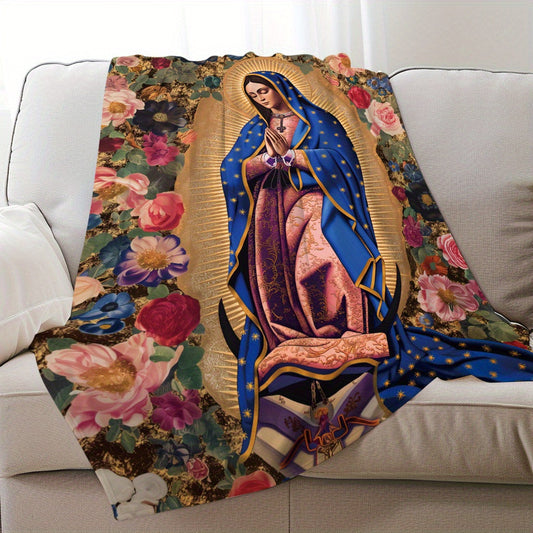 Soft Flannel Throw Blanket featuring Virgin Mary and Floral Print - Suitable for All Seasons, Perfect for Naps, Camping, Travel, and Home Decor - Made from Polyester Knit with Digital Printing - Great Gift for Friends and Family