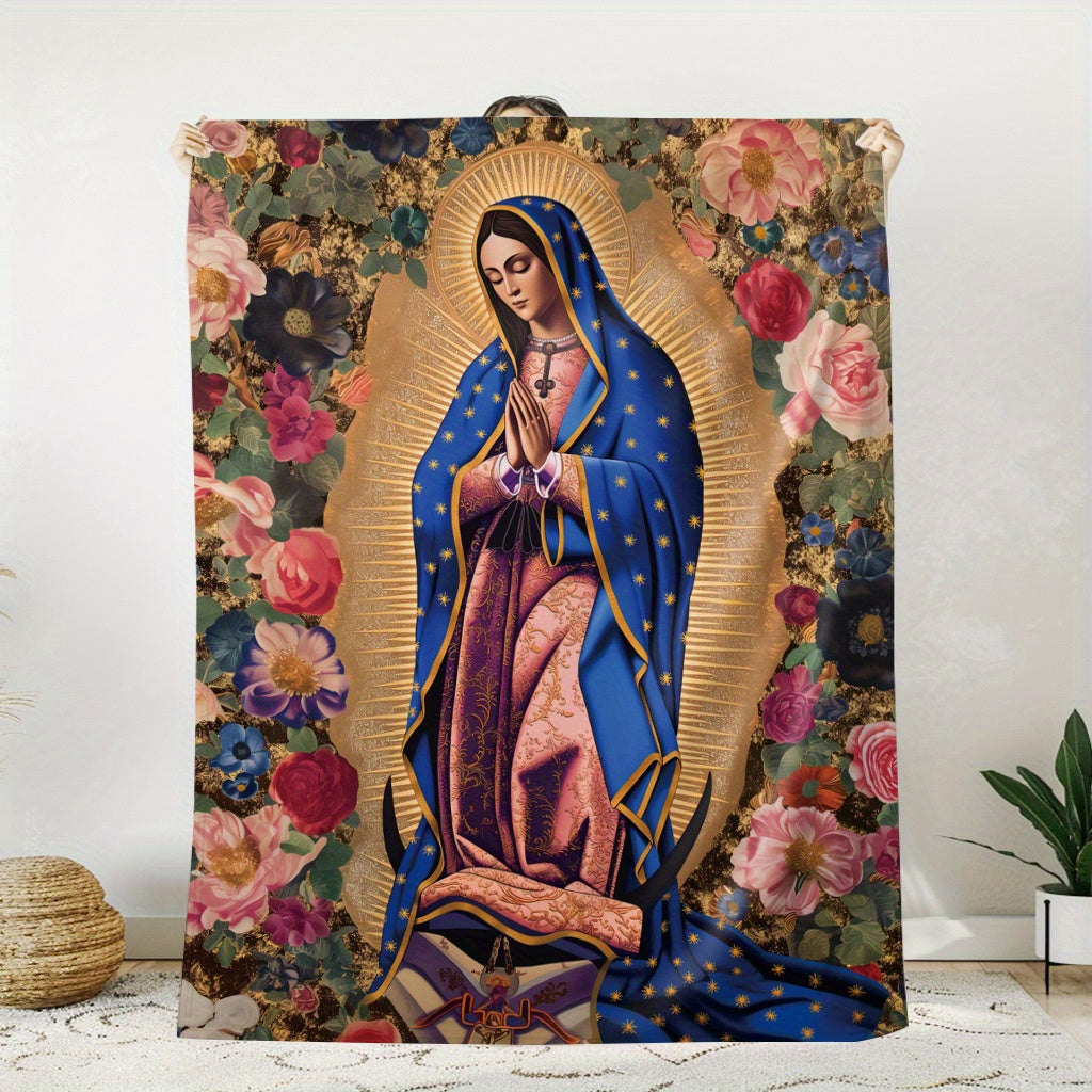 Soft Flannel Throw Blanket featuring Virgin Mary and Floral Print - Suitable for All Seasons, Perfect for Naps, Camping, Travel, and Home Decor - Made from Polyester Knit with Digital Printing - Great Gift for Friends and Family