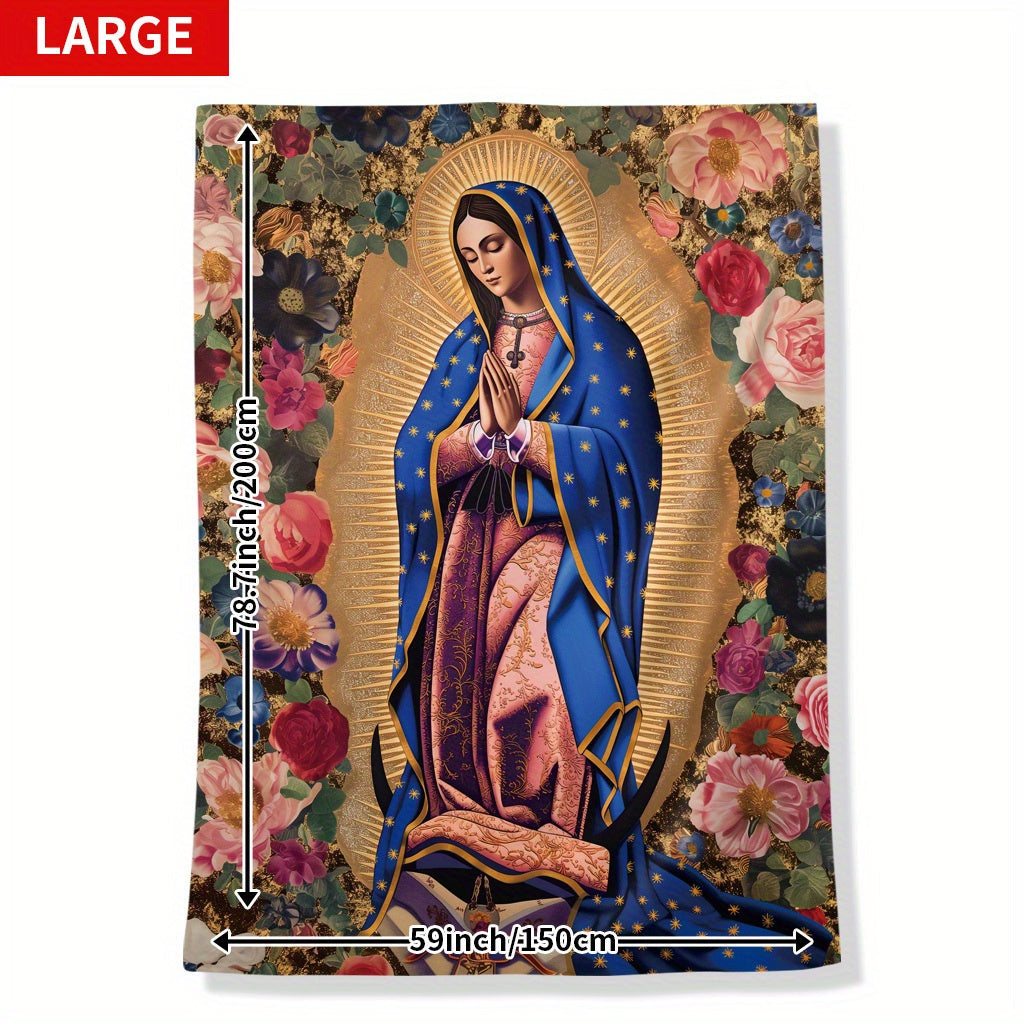 Soft Flannel Throw Blanket featuring Virgin Mary and Floral Print - Suitable for All Seasons, Perfect for Naps, Camping, Travel, and Home Decor - Made from Polyester Knit with Digital Printing - Great Gift for Friends and Family