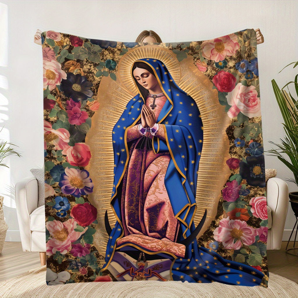 Soft Flannel Throw Blanket featuring Virgin Mary and Floral Print - Suitable for All Seasons, Perfect for Naps, Camping, Travel, and Home Decor - Made from Polyester Knit with Digital Printing - Great Gift for Friends and Family