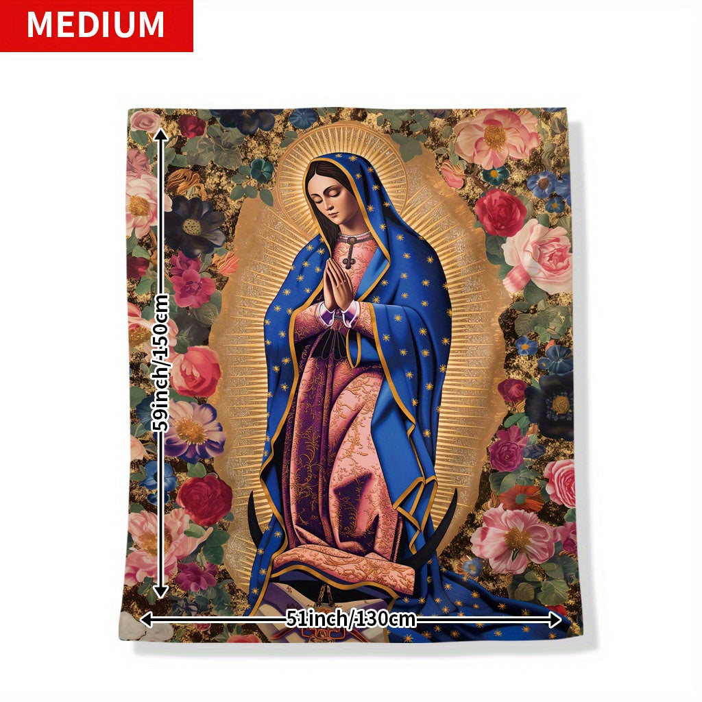 Soft Flannel Throw Blanket featuring Virgin Mary and Floral Print - Suitable for All Seasons, Perfect for Naps, Camping, Travel, and Home Decor - Made from Polyester Knit with Digital Printing - Great Gift for Friends and Family