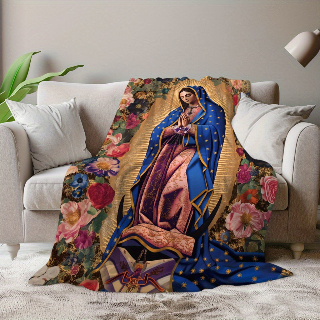 Soft Flannel Throw Blanket featuring Virgin Mary and Floral Print - Suitable for All Seasons, Perfect for Naps, Camping, Travel, and Home Decor - Made from Polyester Knit with Digital Printing - Great Gift for Friends and Family