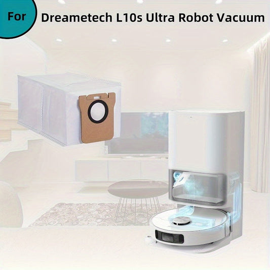 10 pieces of high-quality dust bags designed for Dreametech L10S Ultra, L10 Ultra, and L20 Ultra robot vacuums. These leakproof bags are easy to install and can hold up to 101.44 ounces of dust. They are compatible with the self-emptying base and other