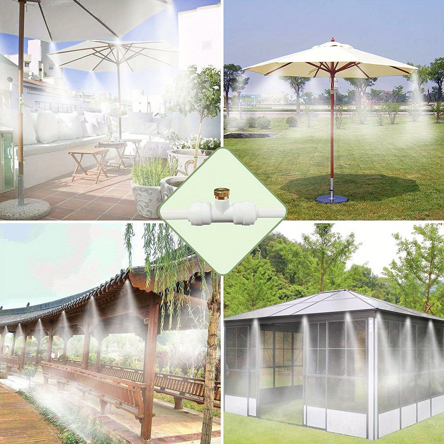 Outdoor cooling mist system for low-pressure spray in gardens, factories, and vegetable moisturizing kits with standard European thread connectors.