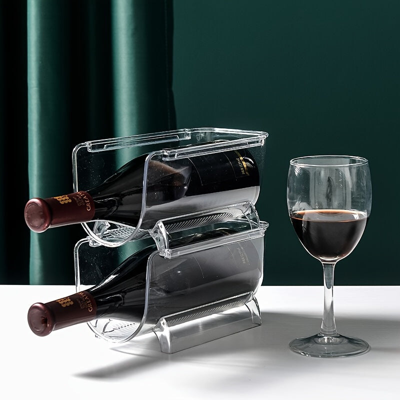 2 Transparent wine racks that stack, Ideal for storing wine and water bottles in fridge, cabinet, or countertop.