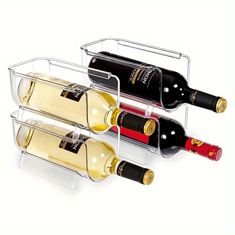 2 Transparent wine racks that stack, Ideal for storing wine and water bottles in fridge, cabinet, or countertop.