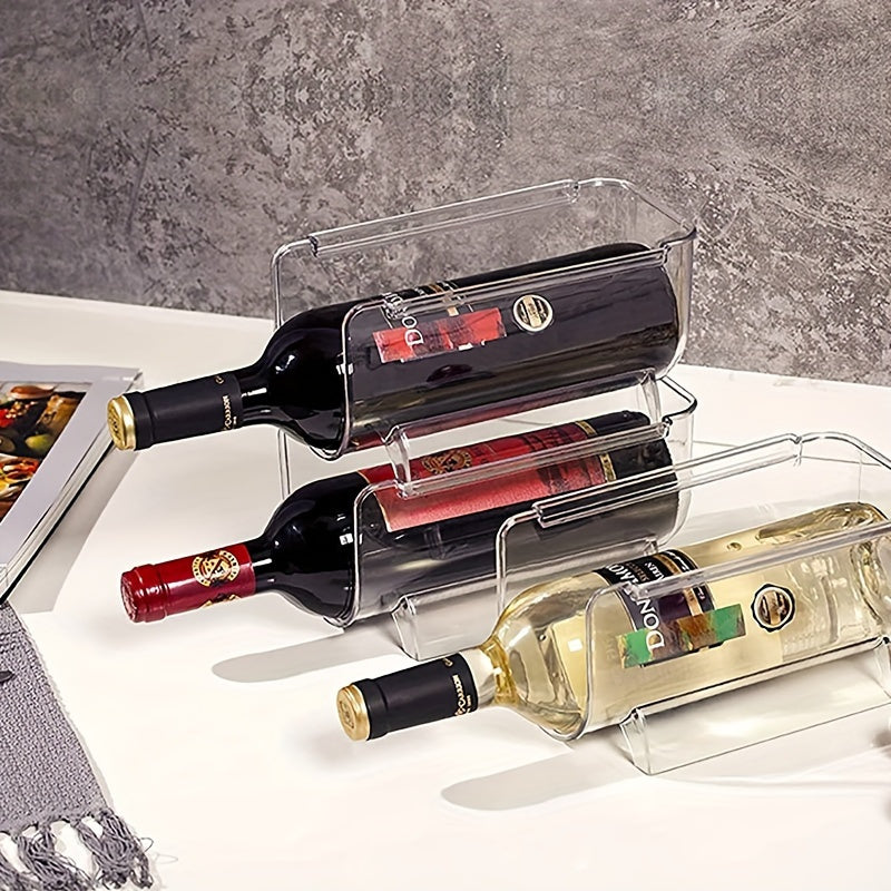 2 Transparent wine racks that stack, Ideal for storing wine and water bottles in fridge, cabinet, or countertop.