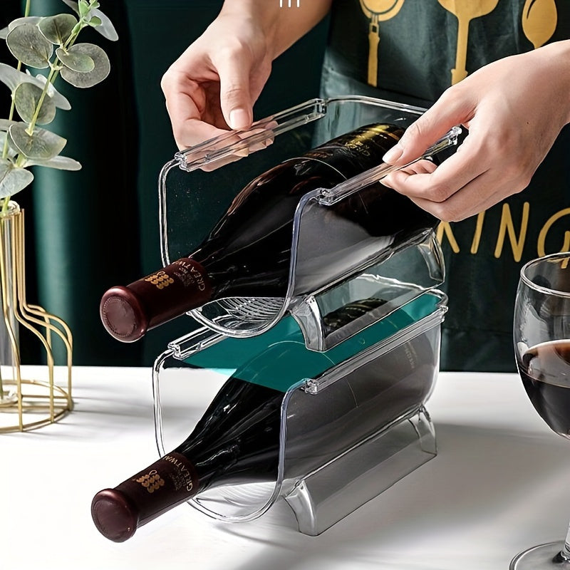 2 Transparent wine racks that stack, Ideal for storing wine and water bottles in fridge, cabinet, or countertop.