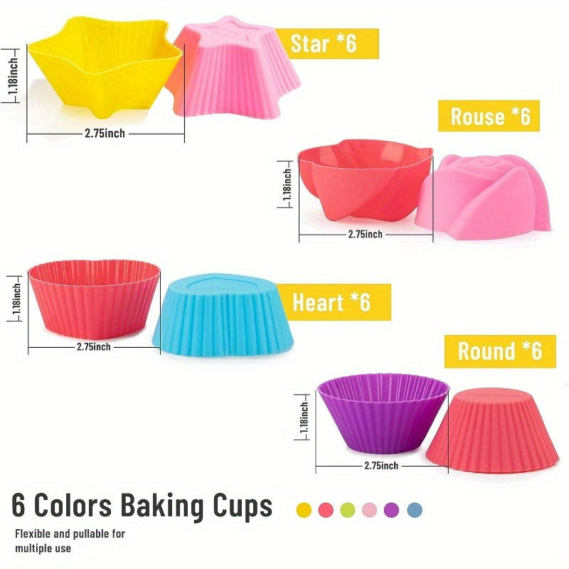 This set includes 24 silicone baking cups that are reusable and nonstick. The cups come in four different shapes: round, star, heart, and flower. Use these muffin molds to bake a variety of desserts.