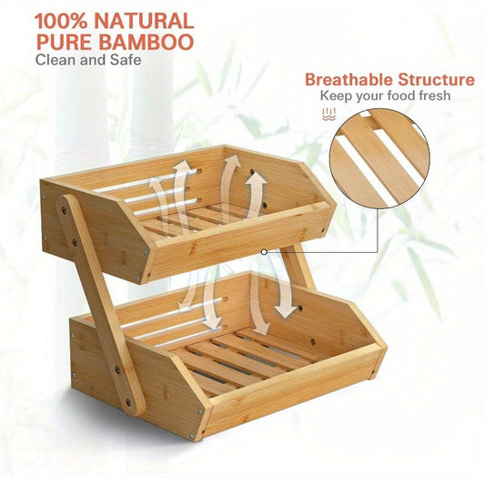 Easily assemble this 2-tier kitchen fruit and vegetable basket made of stackable bamboo for convenient countertop storage of produce, bread, and snacks.