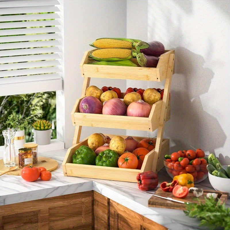 Bamboo kitchen organizer with three tiers - Suitable for displaying and storing fruits, vegetables, and bread on countertops