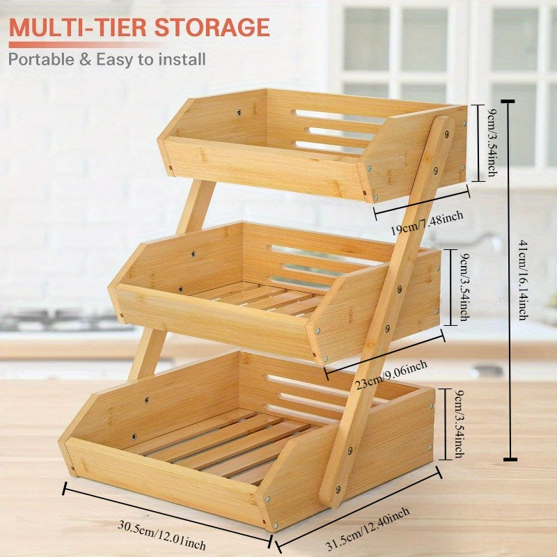 Bamboo kitchen organizer with three tiers - Suitable for displaying and storing fruits, vegetables, and bread on countertops