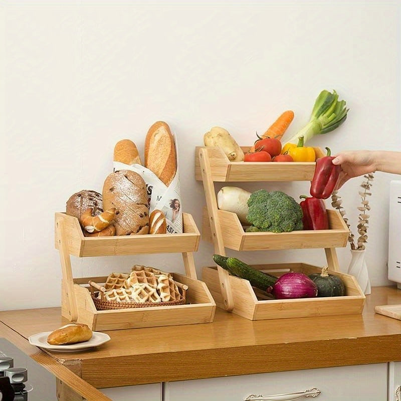 Bamboo kitchen organizer with three tiers - Suitable for displaying and storing fruits, vegetables, and bread on countertops