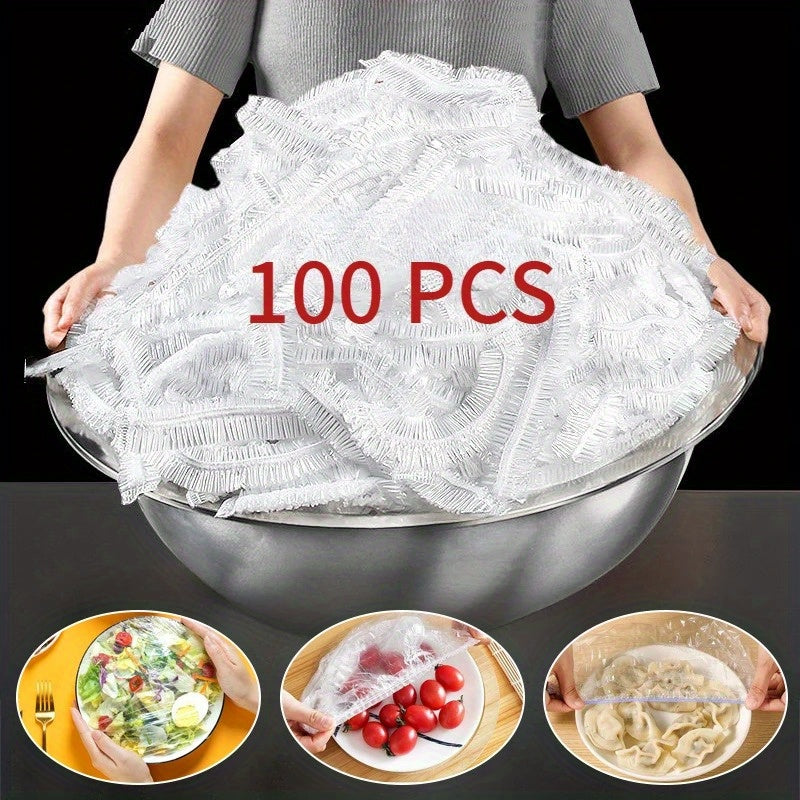 Transparent, retractable freshness protectors for leftovers, fruits, and vegetables made from thickened disposable plastic wrap - set of 100 pieces. Ideal for storing in the kitchen refrigerator and on the counter.