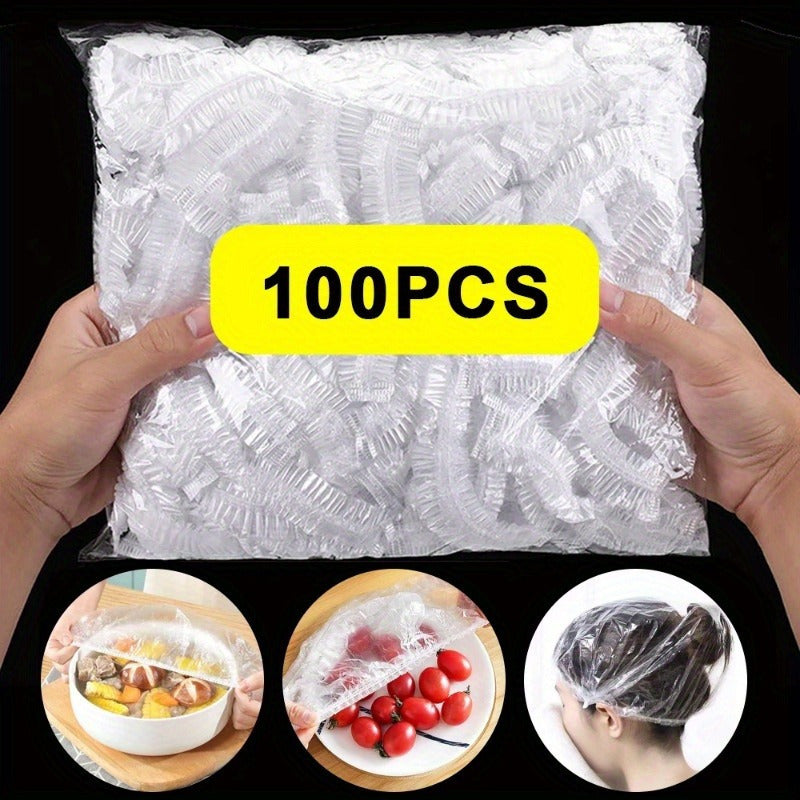 Transparent, retractable freshness protectors for leftovers, fruits, and vegetables made from thickened disposable plastic wrap - set of 100 pieces. Ideal for storing in the kitchen refrigerator and on the counter.