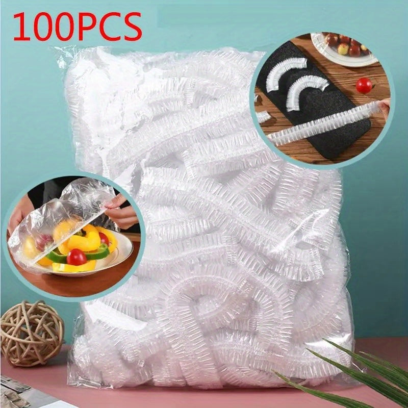 Transparent, retractable freshness protectors for leftovers, fruits, and vegetables made from thickened disposable plastic wrap - set of 100 pieces. Ideal for storing in the kitchen refrigerator and on the counter.