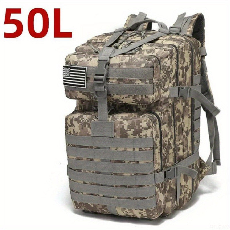 Durable 25L/50L Camo Tactical Backpack made from 1000D Nylon. Waterproof, with American Flag Patch and multiple compartments. Features adjustable straps for Camping, Hiking, Fishing