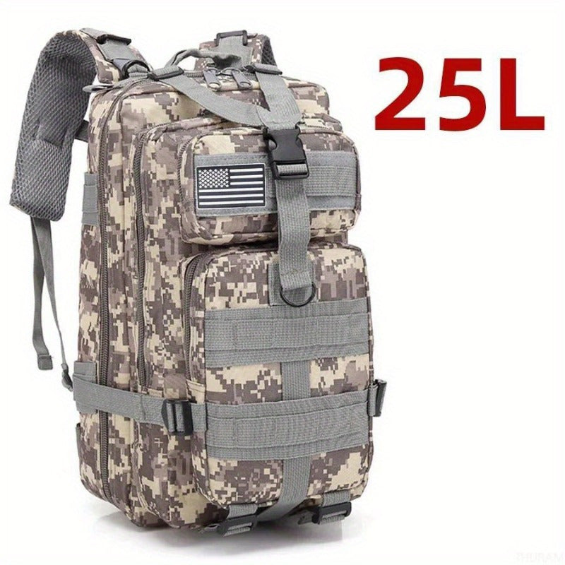 Durable 25L/50L Camo Tactical Backpack made from 1000D Nylon. Waterproof, with American Flag Patch and multiple compartments. Features adjustable straps for Camping, Hiking, Fishing