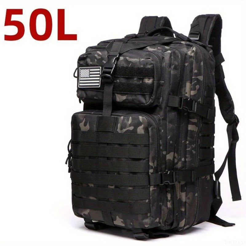 Durable 25L/50L Camo Tactical Backpack made from 1000D Nylon. Waterproof, with American Flag Patch and multiple compartments. Features adjustable straps for Camping, Hiking, Fishing