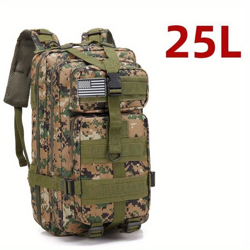 Durable 25L/50L Camo Tactical Backpack made from 1000D Nylon. Waterproof, with American Flag Patch and multiple compartments. Features adjustable straps for Camping, Hiking, Fishing