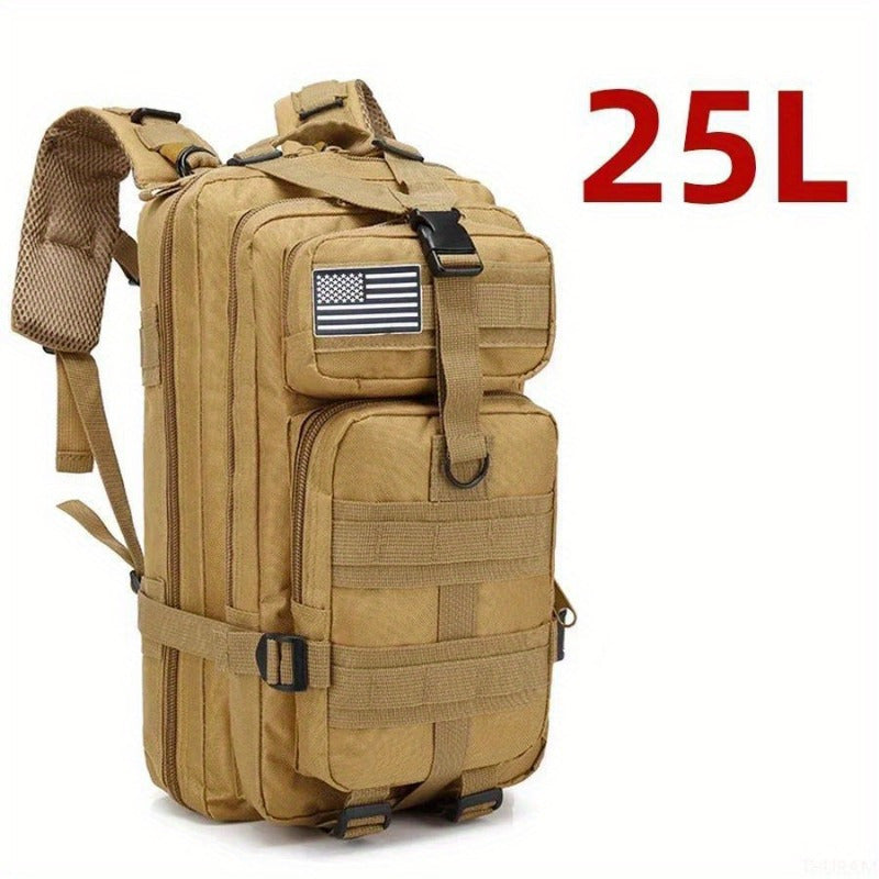 Durable 25L/50L Camo Tactical Backpack made from 1000D Nylon. Waterproof, with American Flag Patch and multiple compartments. Features adjustable straps for Camping, Hiking, Fishing