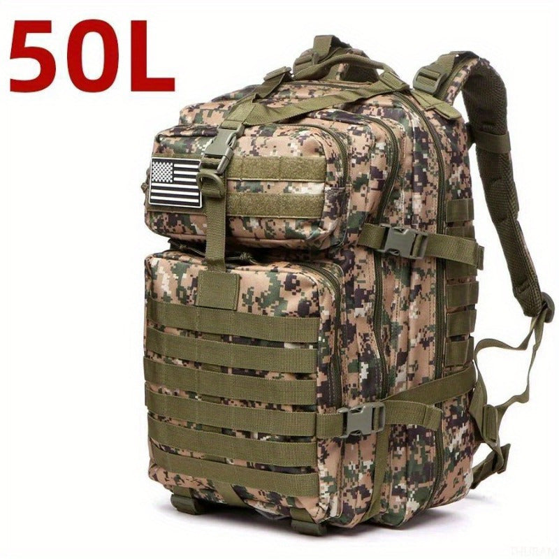 Durable 25L/50L Camo Tactical Backpack made from 1000D Nylon. Waterproof, with American Flag Patch and multiple compartments. Features adjustable straps for Camping, Hiking, Fishing